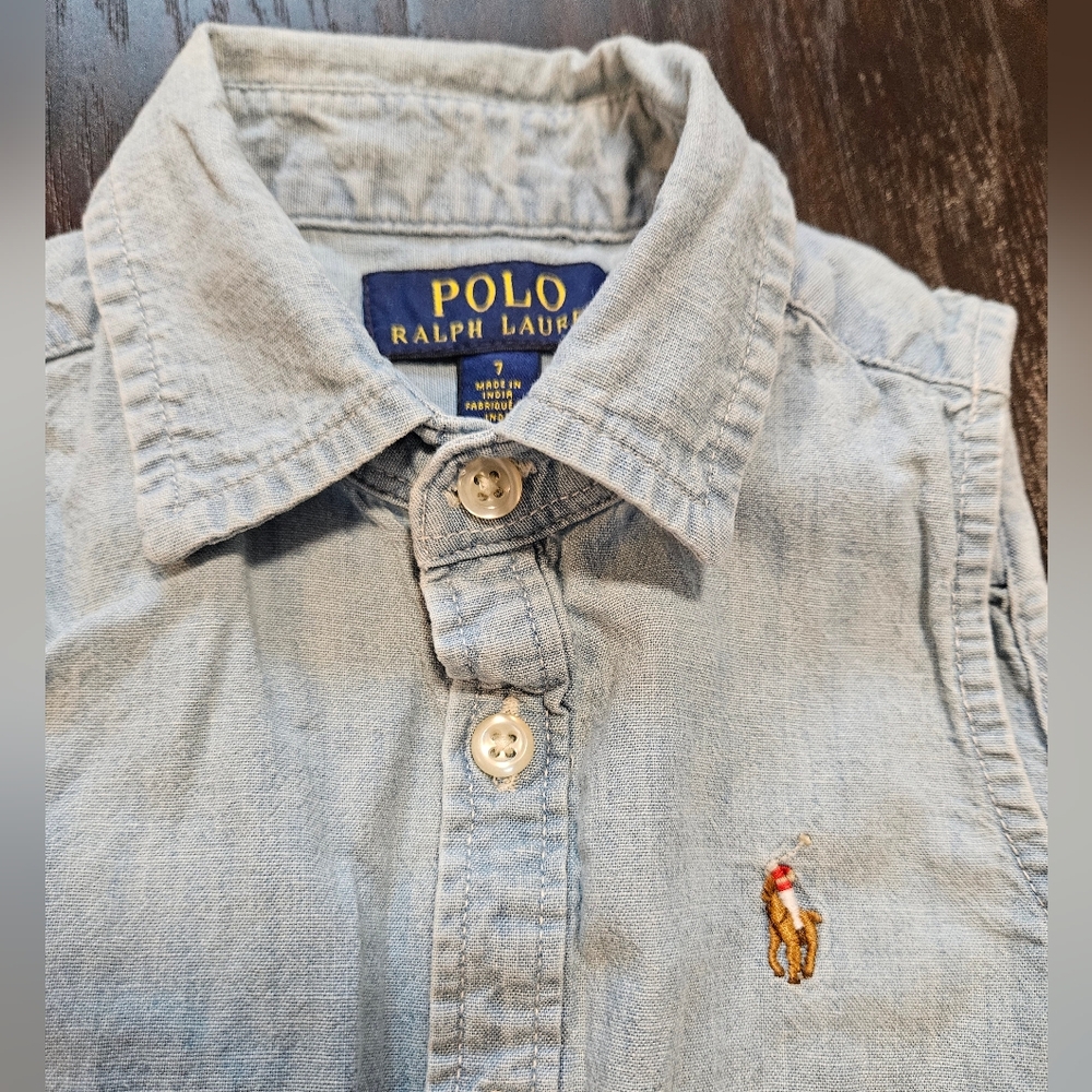 POLO Ralph Lauren Belted Sleeveless Chambray Shirt Dress, Girls Size 7 - Picture 3 of 5